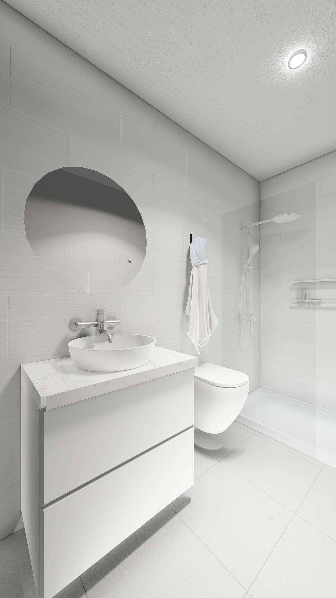Modernes Badezimmer mit minimalistischem Design, schwebendem Waschtisch und Dusche.