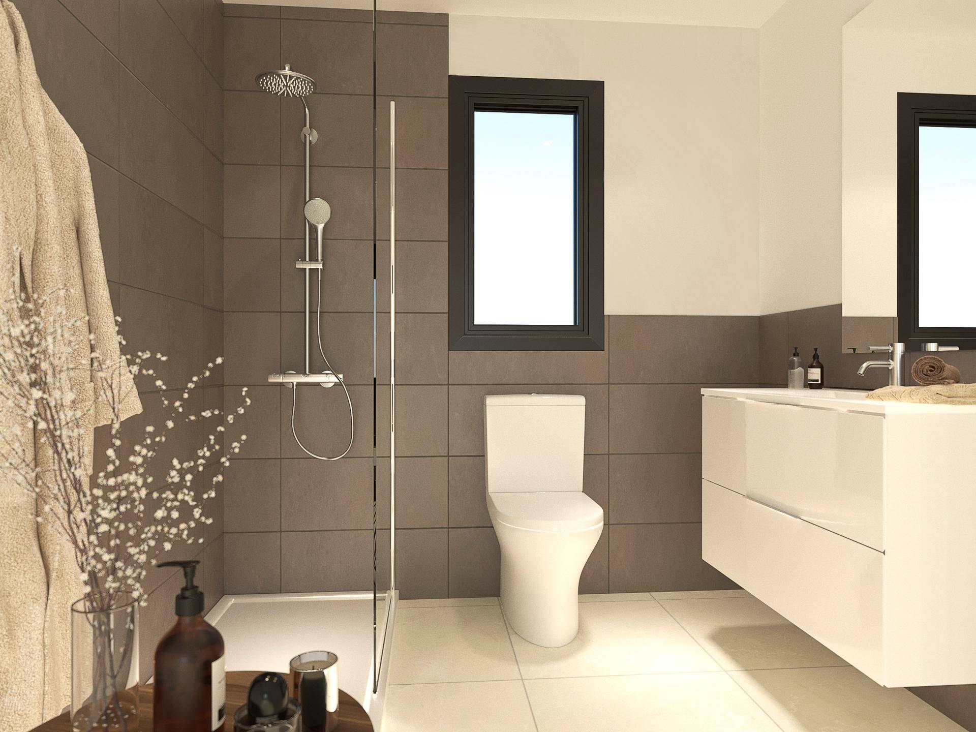 Modernes Badezimmer mit begehbarer Dusche, Doppelwaschbecken und Fenster für Tageslicht.