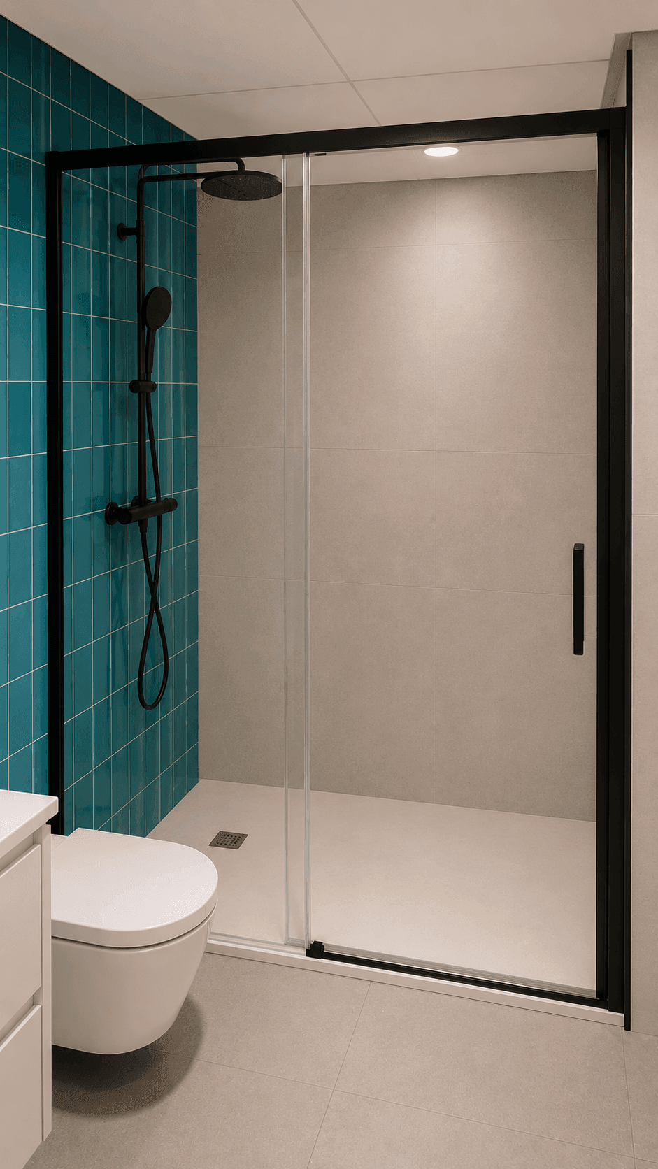 Ebenerdige Dusche mit schwarzen Armaturen und türkisfarbenen Wandfliesen im modernen Bad.