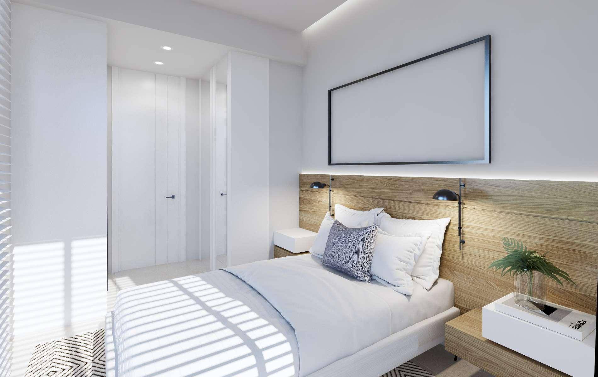 Schlafzimmer mit modernem Design, Holzkopfteil und integrierter Beleuchtung.