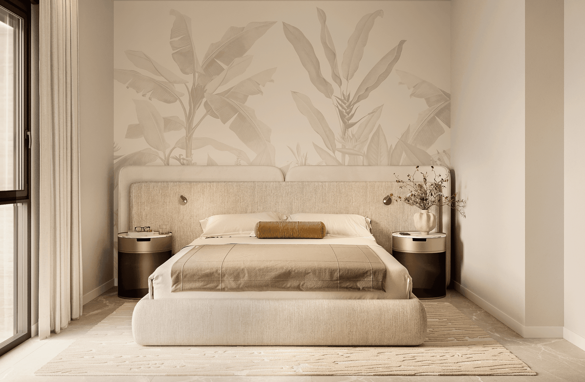 Modernes Schlafzimmer mit großem Bett, dekorativer Wandmalerei und viel natürlichem Licht.