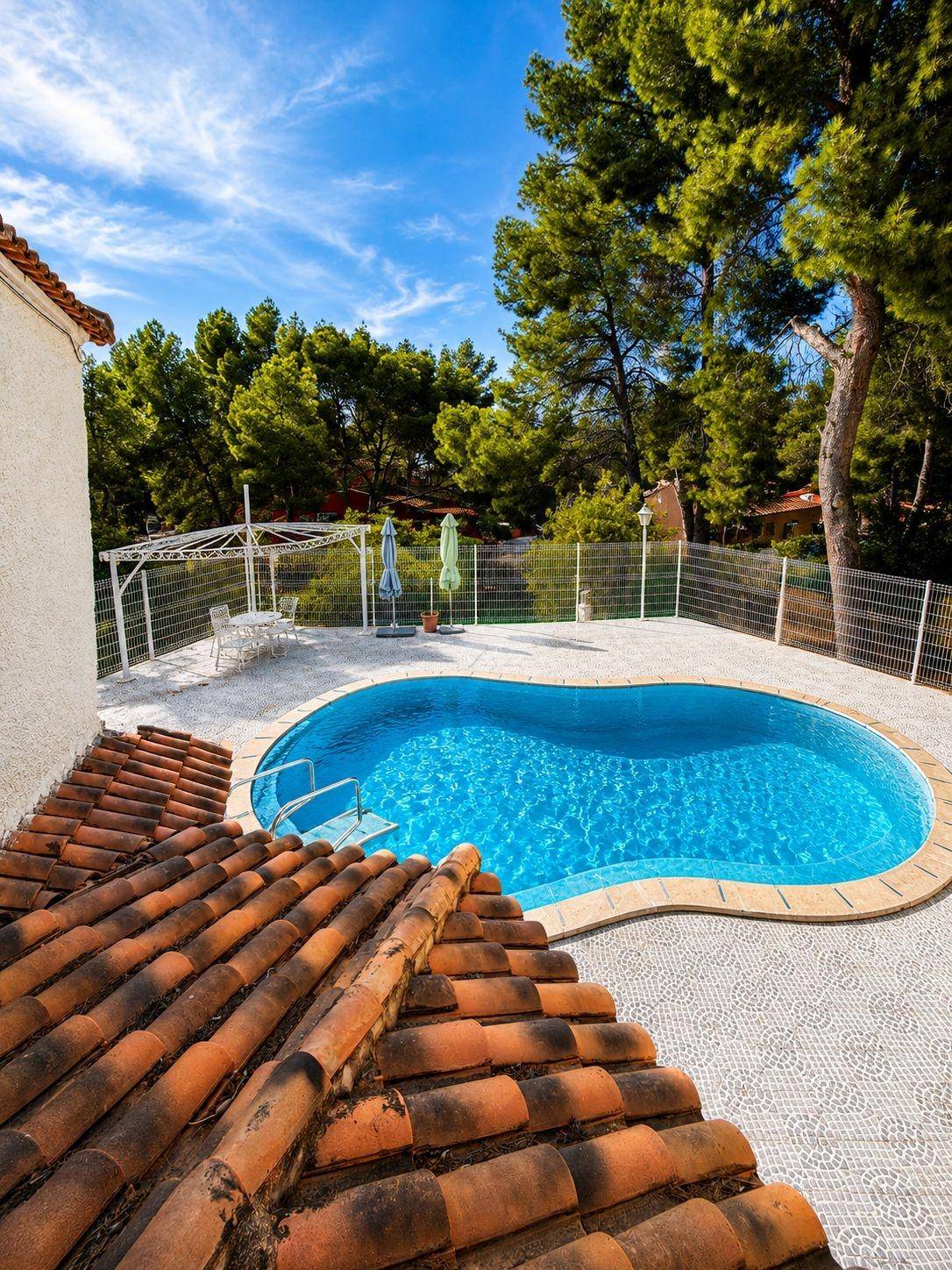 Blick von oben auf den nierenförmigen Poolbereich mit umliegender Terrasse und üppiger Baumlandschaft.