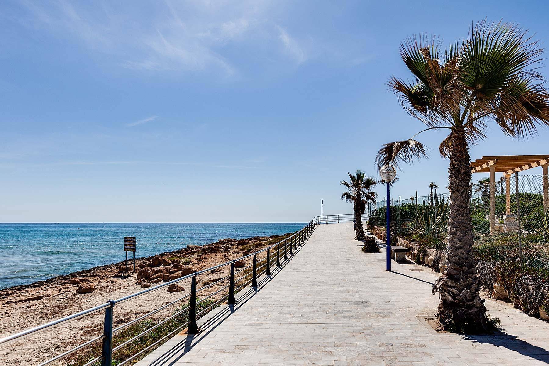 Promenade entlang der felsigen Küste mit Meerblick und Palmen unter strahlend blauem Himmel.