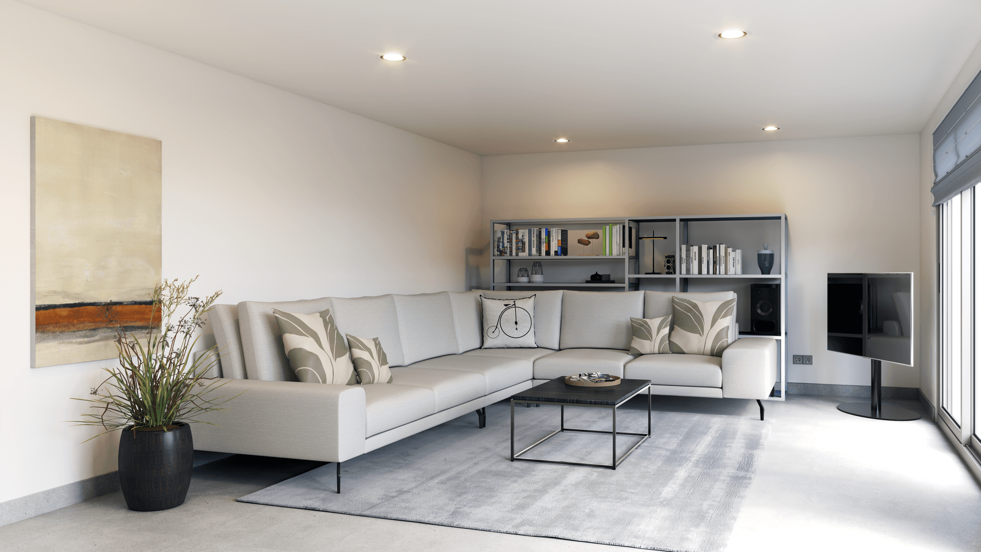 Modernes Wohnzimmer mit großem Ecksofa, minimalistischer Einrichtung und viel Tageslicht.