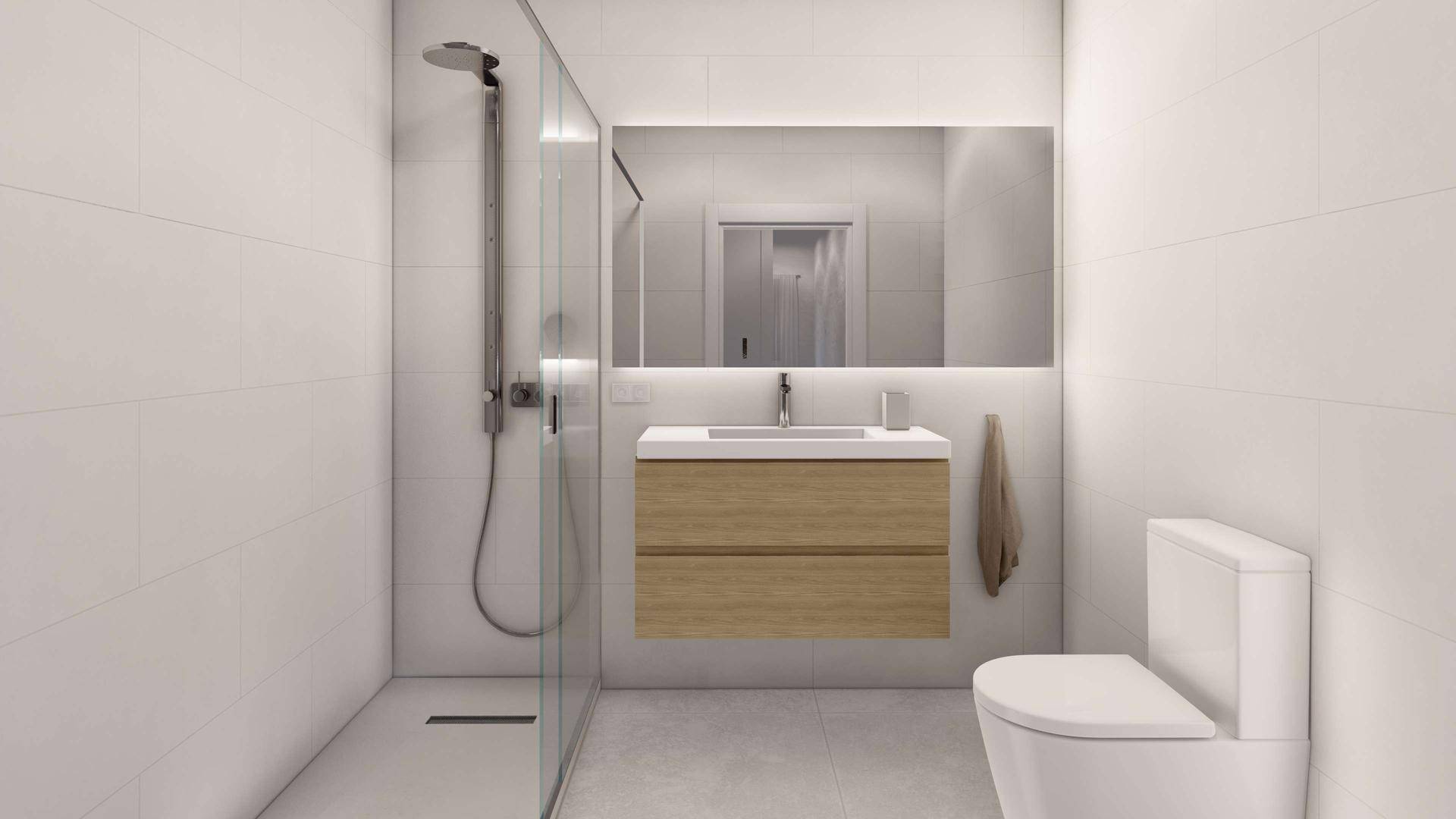 Modernes Badezimmer mit begehbarer Dusche, schwebendem Waschtisch und Wand-WC.