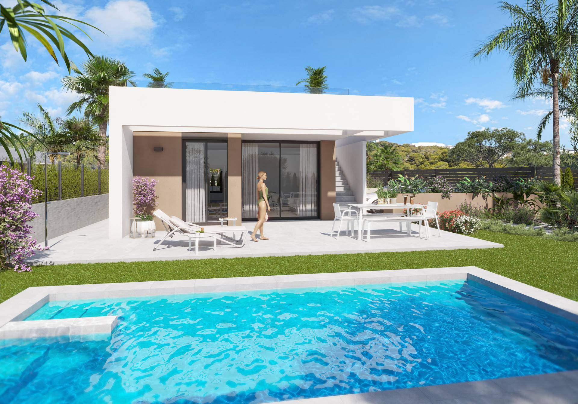 Sonnige Terrasse mit Essbereich im Freien, privatem Pool und gepflegtem Garten.