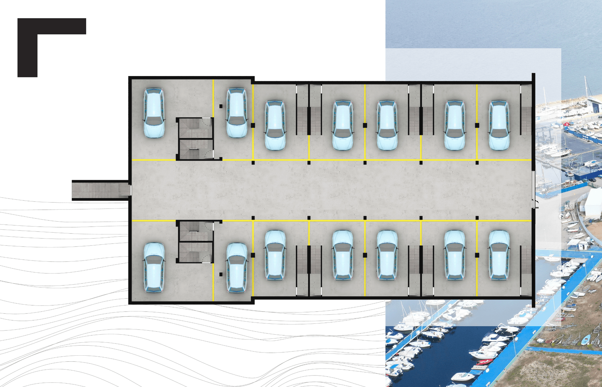Grundrissplan einer Tiefgarage mit mehreren Stellplätzen für Fahrzeuge.
