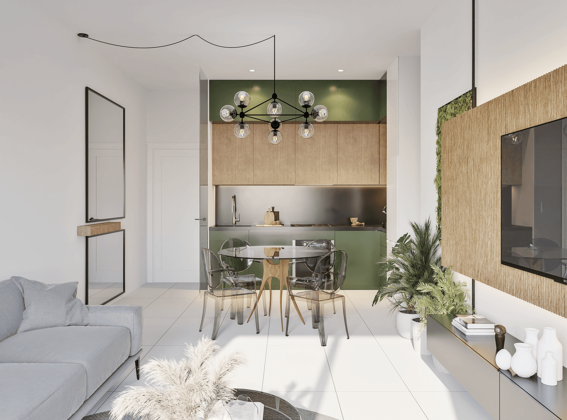 Heller Wohn- und Essbereich mit integrierter Küche in Grün- und Holztönen, modern eingerichtet.
