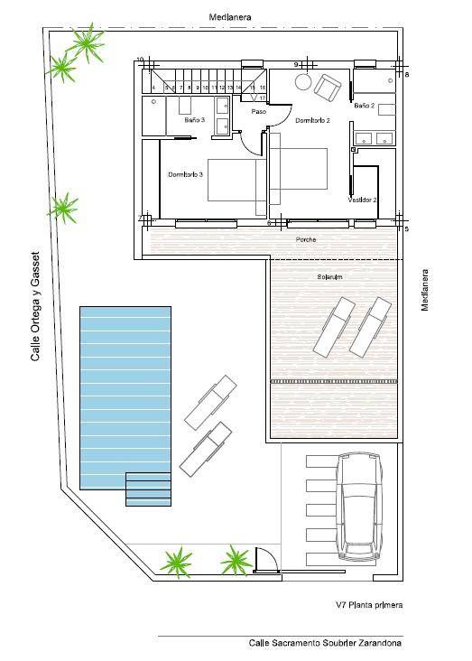 Grundriss des Obergeschosses mit Schlafzimmern, Bädern und Balkon.