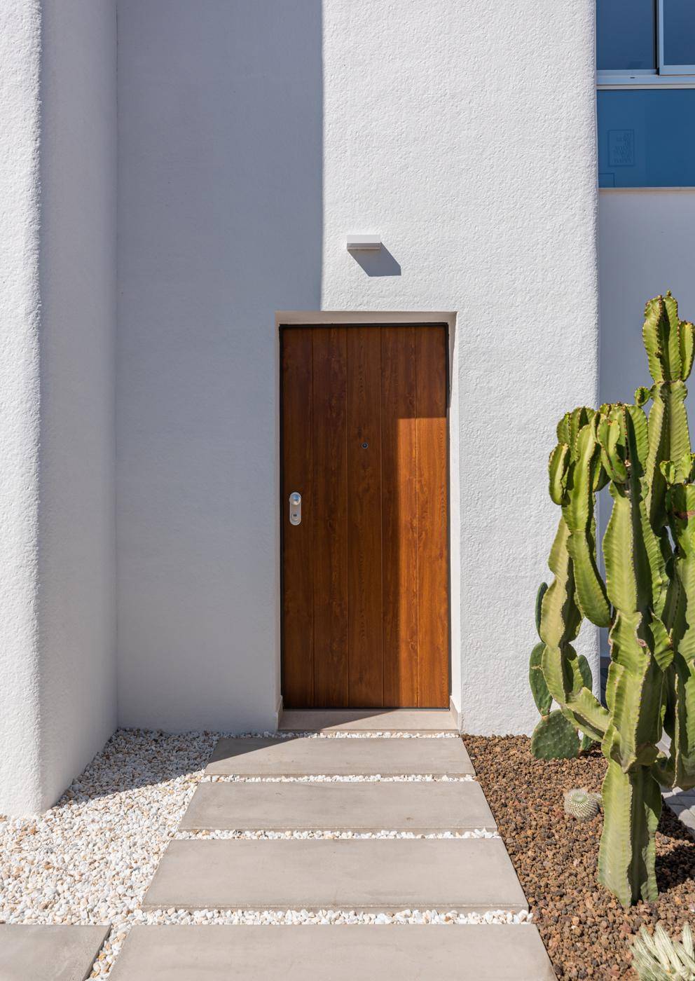 Moderner Hauseingang mit Holztür und dekorativem Kaktus in der minimalistischen Gartengestaltung.