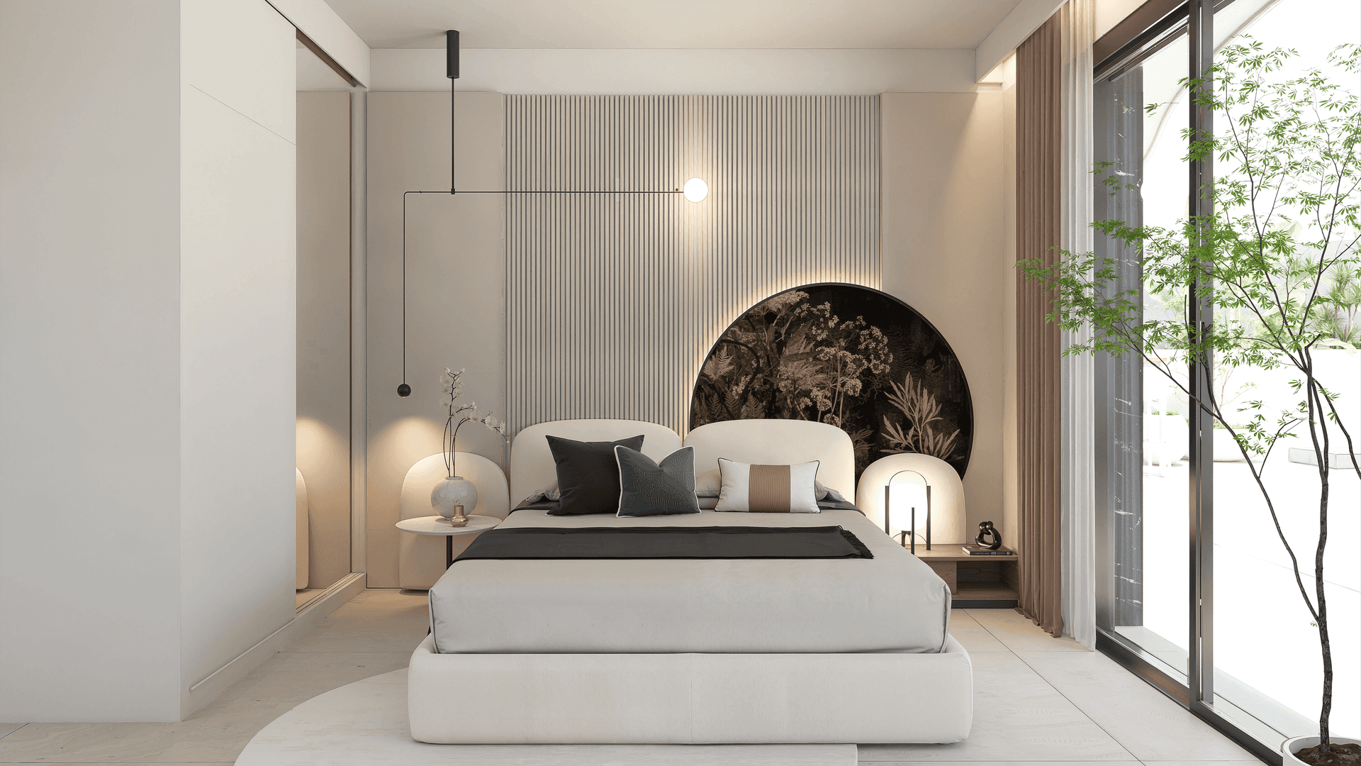 Elegantes Schlafzimmer mit modernem Bett, stilvoller Wandgestaltung und Zugang zur Dachterrasse.