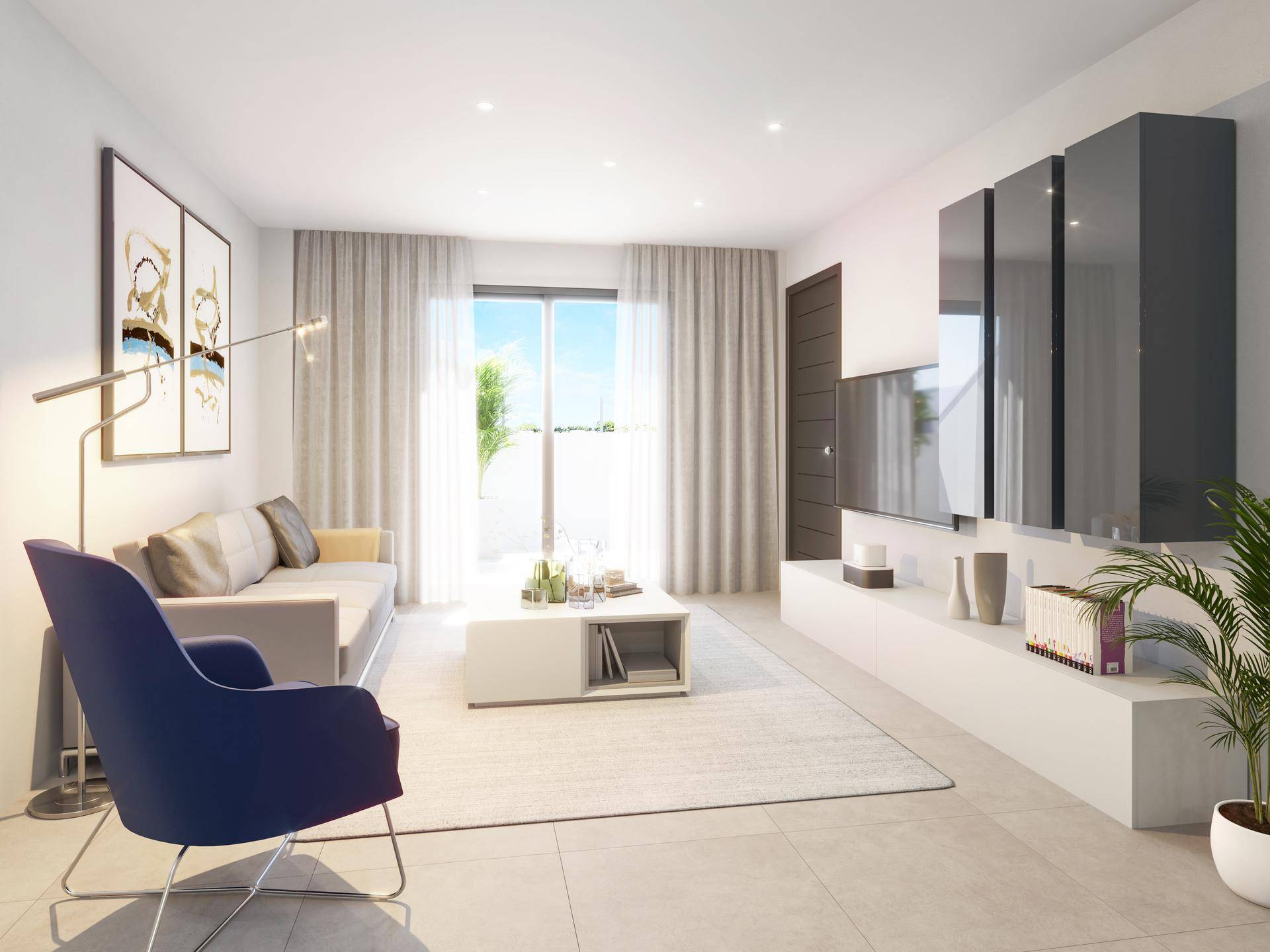 Helles Wohnzimmer mit modernem Sofa, TV-Möbel und großem Fenster mit viel Tageslicht.