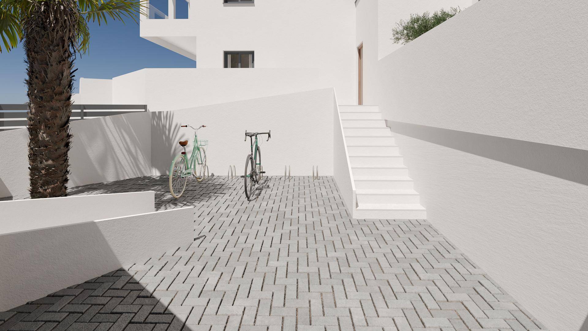 Außenbereich mit gepflastertem Weg, Palmen und Treppe zu einem modernen Gebäude.