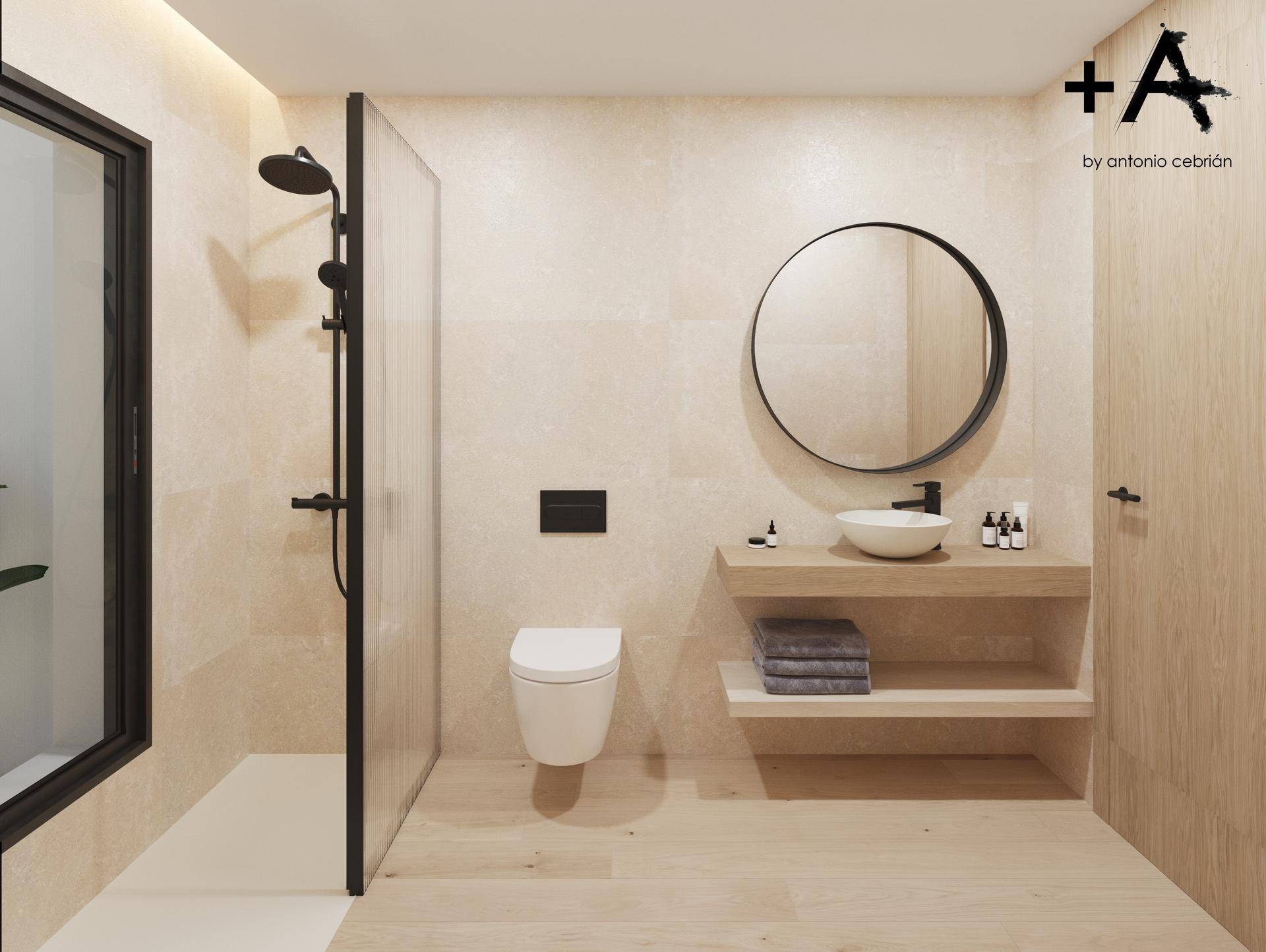 Modernes Badezimmer mit begehbarer Dusche, Wand-WC und rundem Spiegel über dem Waschbecken.