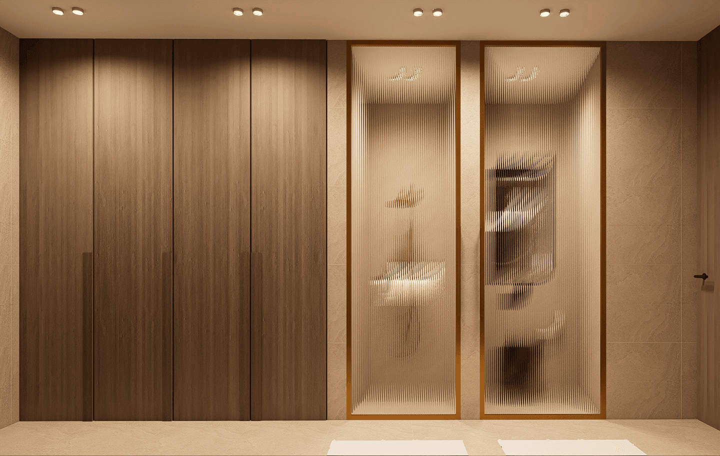 Geräumiges Badezimmer mit eleganten Holzschränken und zwei modernen Duschkabinen mit Milchglas.
