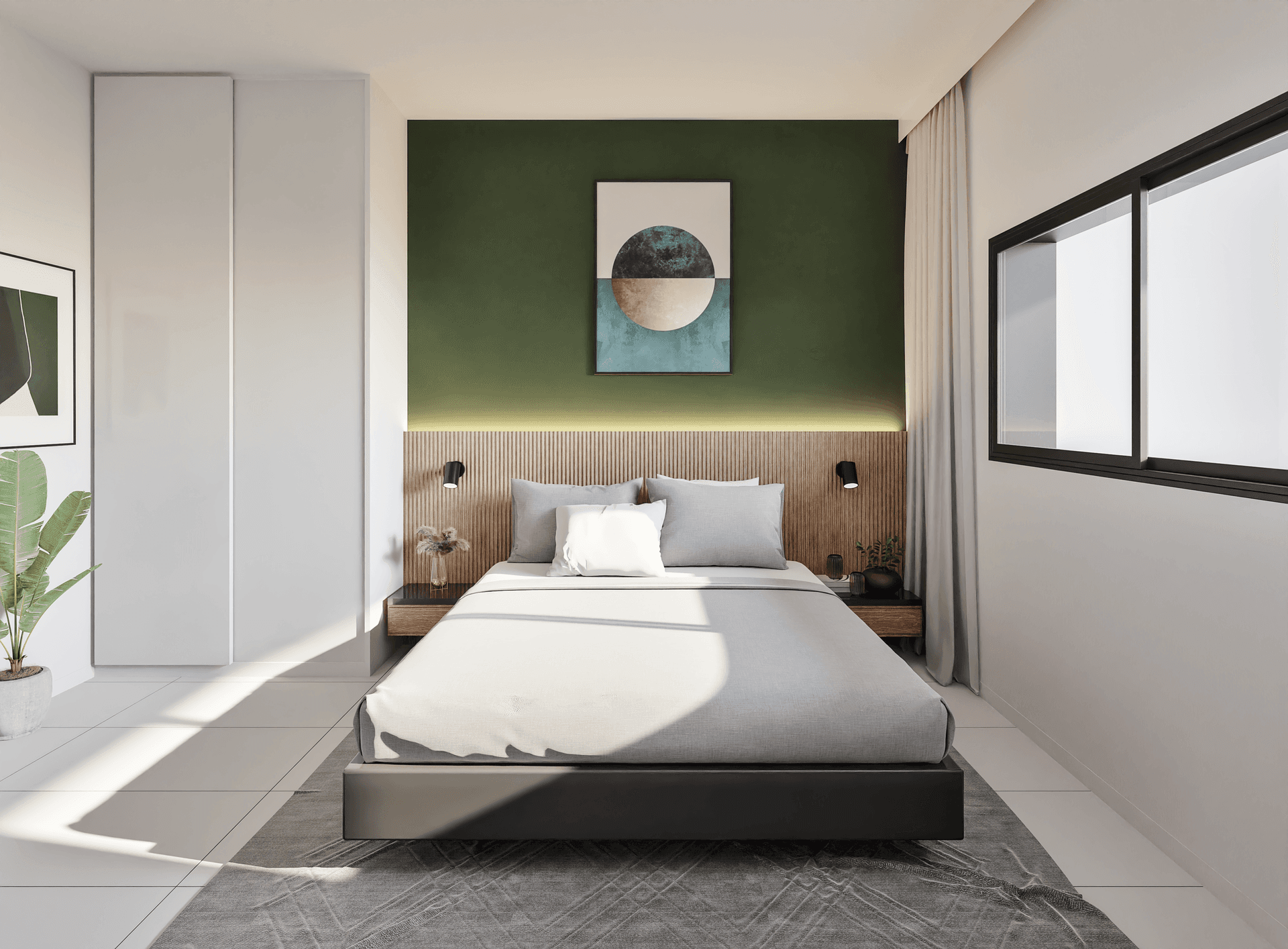 Modernes Schlafzimmer mit grüner Akzentwand, Holzkopfteil und indirekter Beleuchtung.