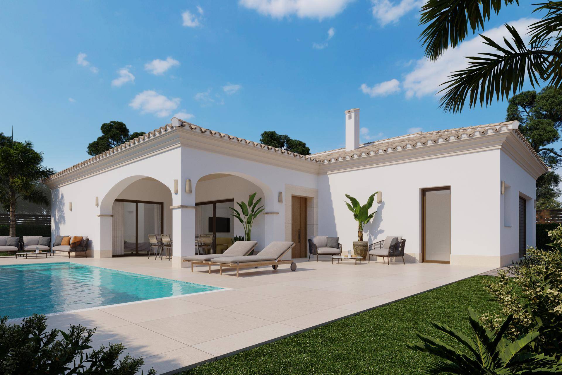 Elegante Villa mit großem Poolbereich und weitläufiger Terrasse, umgeben von Grünflächen und Palmen.