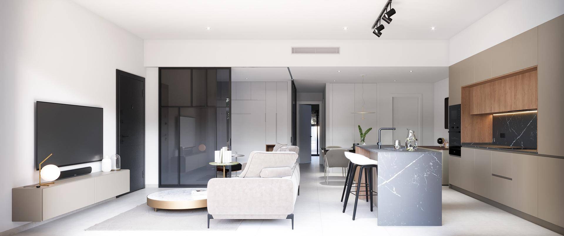 Heller, offener Wohnbereich mit moderner Küche, Essbereich und stilvollen Lounge-Möbeln.