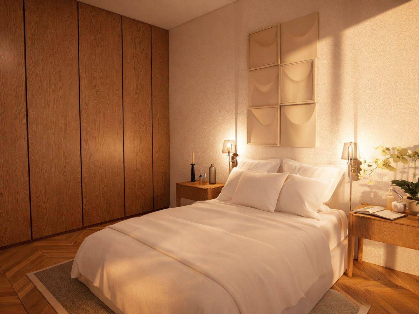 Gemütliches Schlafzimmer mit Holzboden, Einbauschränken und indirekter Beleuchtung.