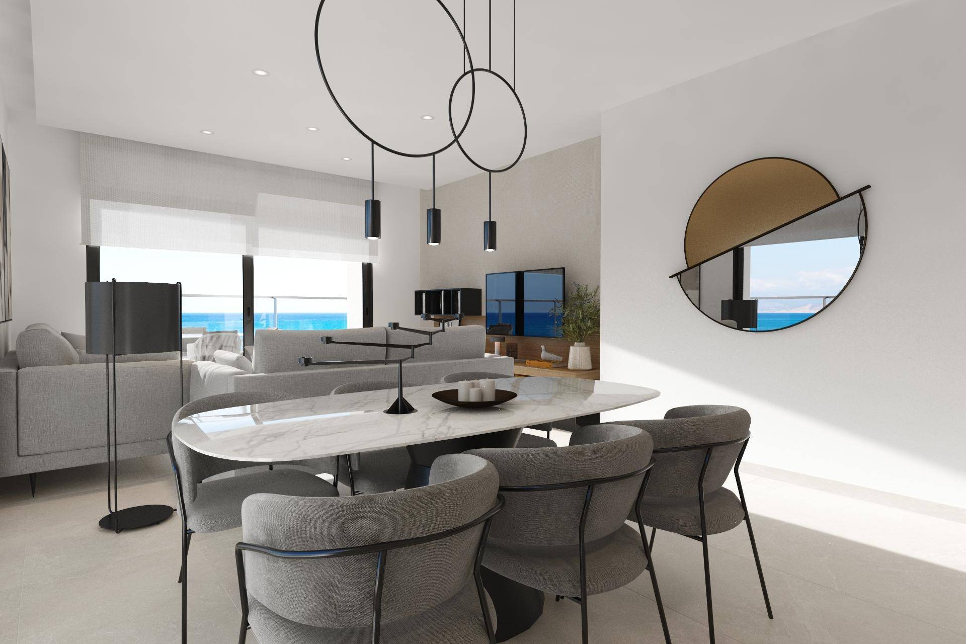 Eleganter Wohn- und Essbereich mit modernem Design, Meerblick und stilvoller Beleuchtung.
