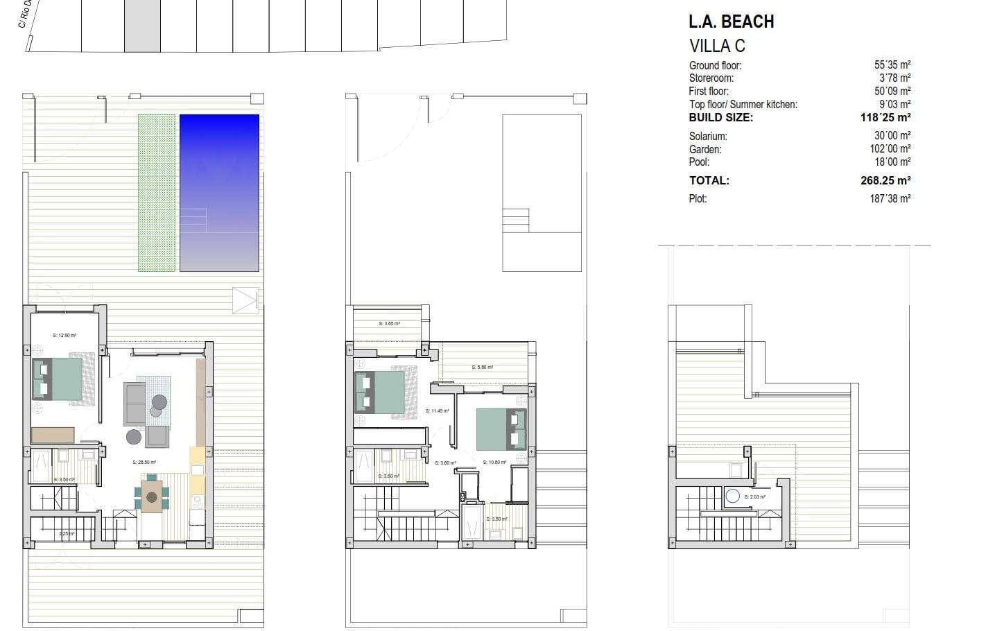 Grundrisspläne einer modernen Villa mit drei Ebenen, Pool, Garten, Balkon und Dachterrasse.