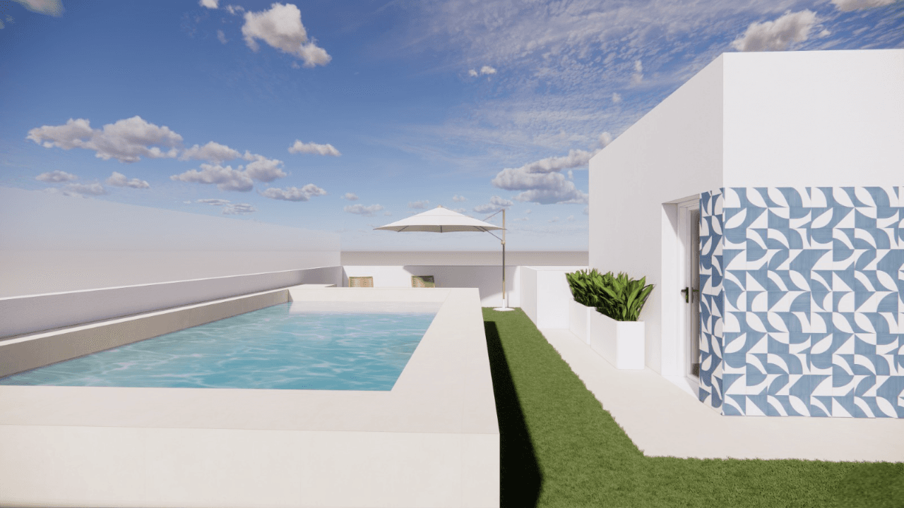 Dachterrasse mit kleinem Pool, Liegestühlen und Kunstrasen.