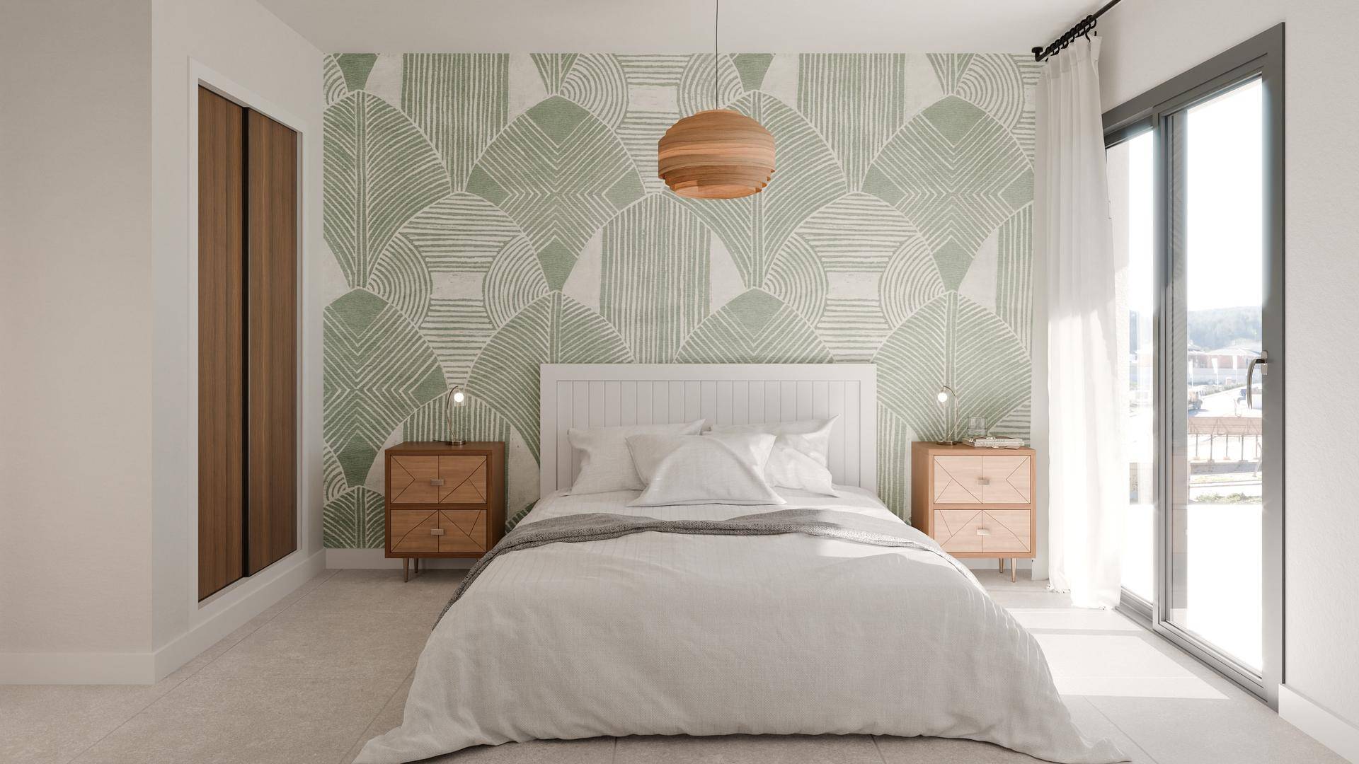 Modernes Schlafzimmer mit gemusterter Tapete, Holzelementen und Zugang zum Außenbereich.