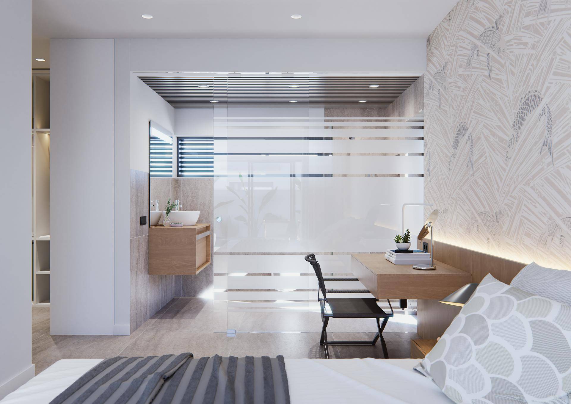 Helles Schlafzimmer mit modernem Design und offenem Zugang zu einem eleganten Badezimmer.