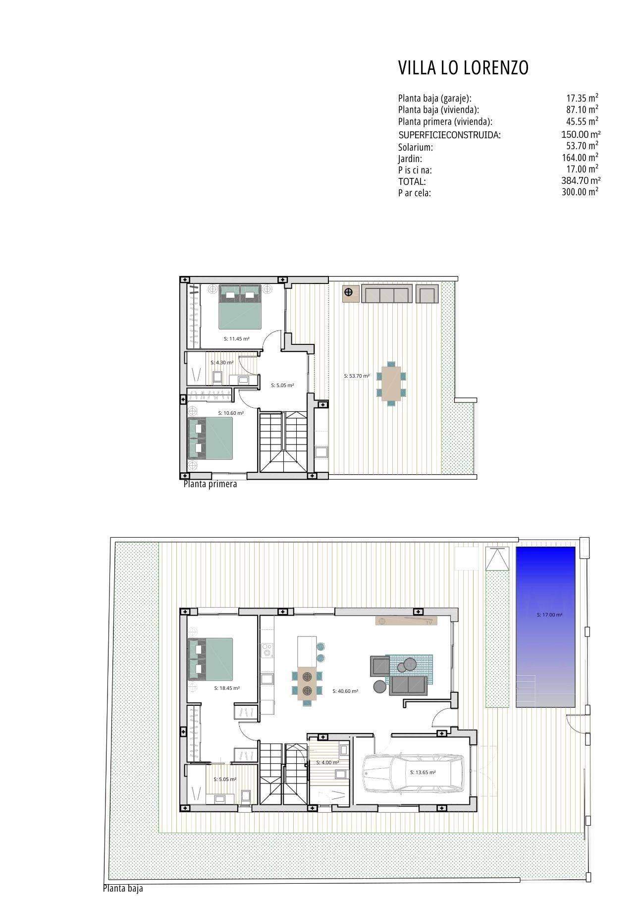 Grundrisspläne für Erdgeschoss und Obergeschoss mit Pool und Garage.