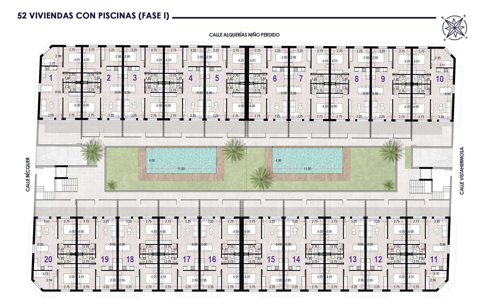 Übersichtsplan eines Apartmentkomplexes mit 52 Wohneinheiten und zwei Pools.