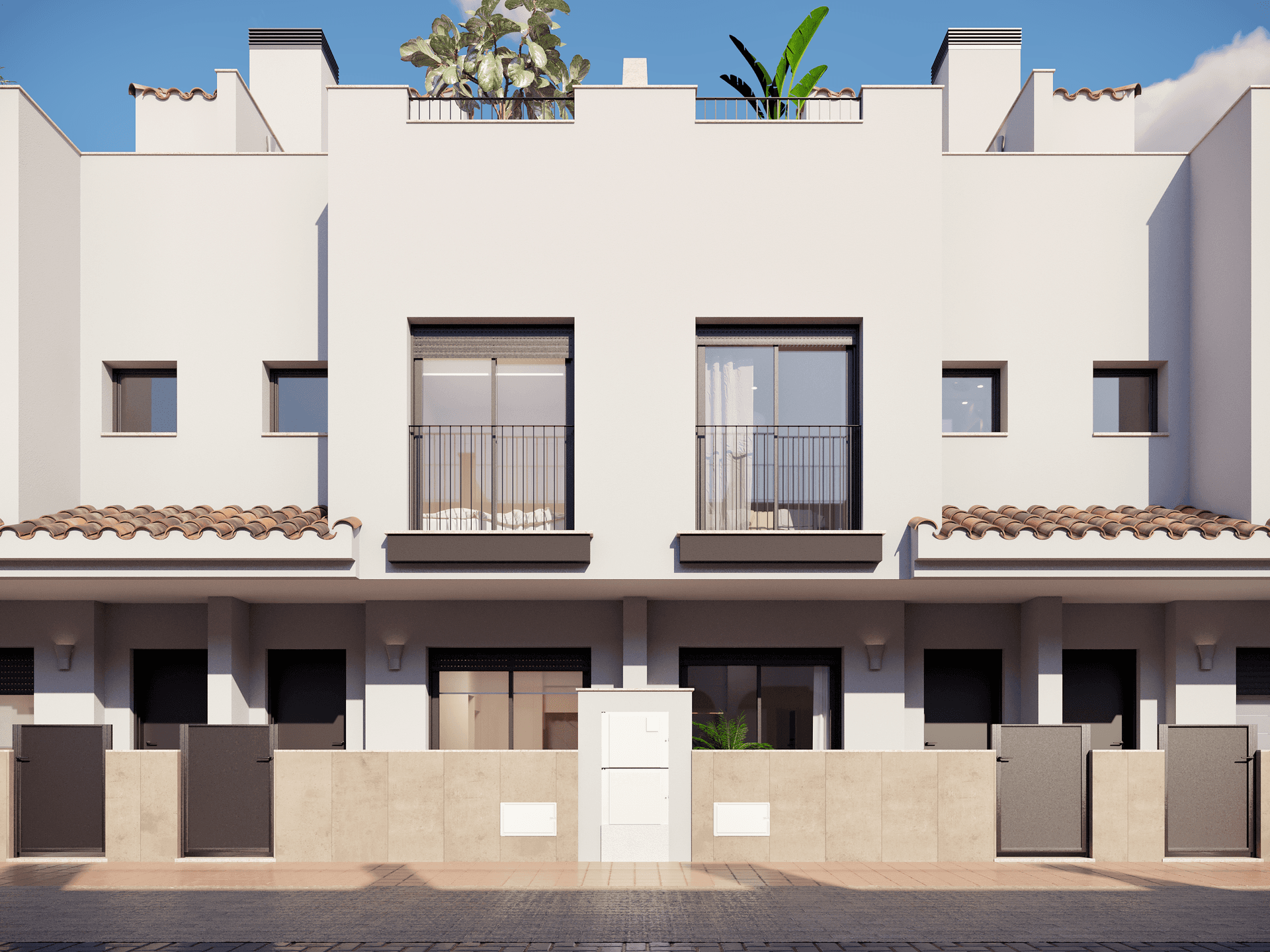 Vorderansicht eines modernen Reihenhauses mit weißer Fassade und Rollläden.