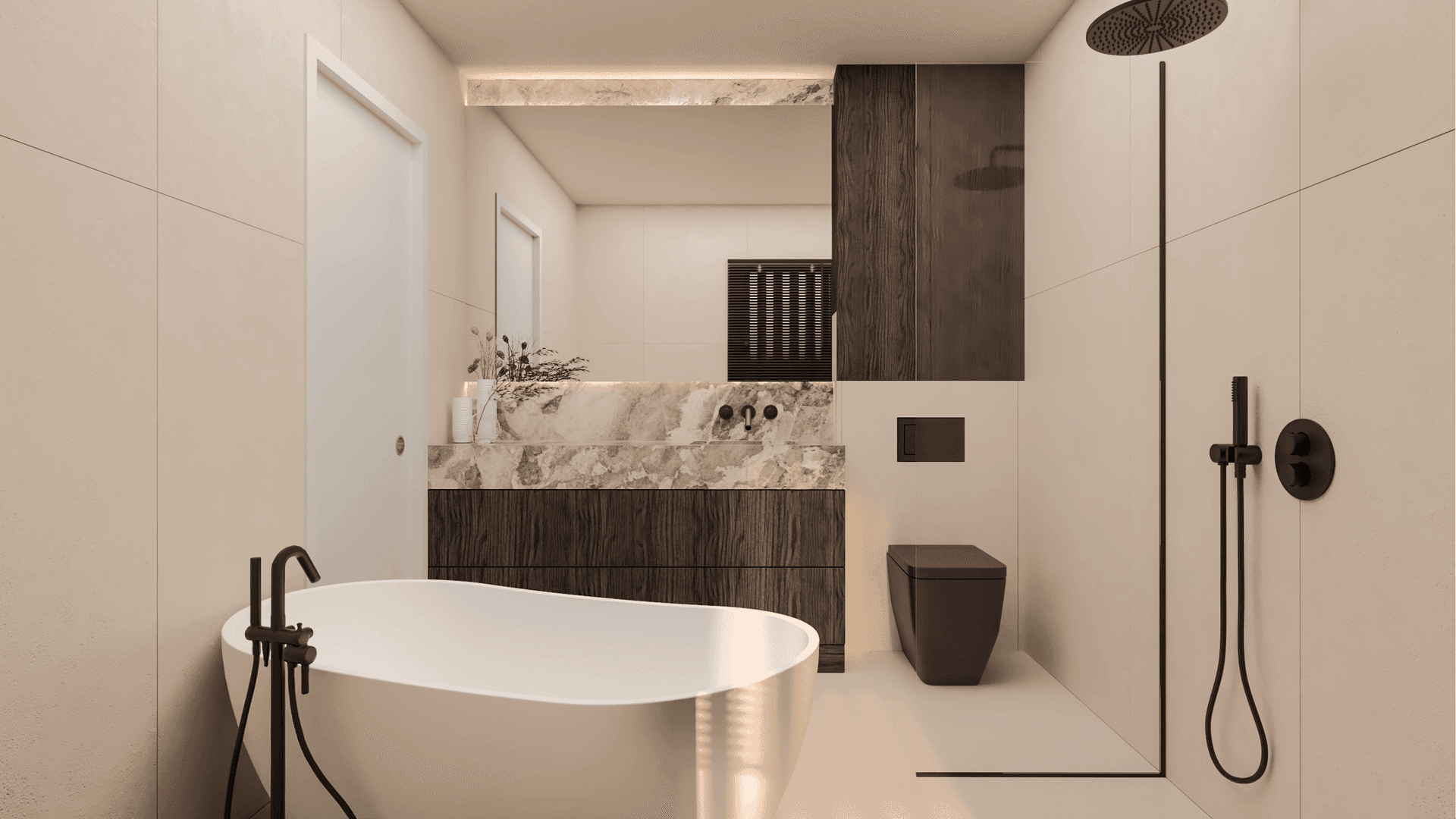Modernes Badezimmer mit freistehender Badewanne, begehbarer Dusche und dunklen Holzmöbeln.