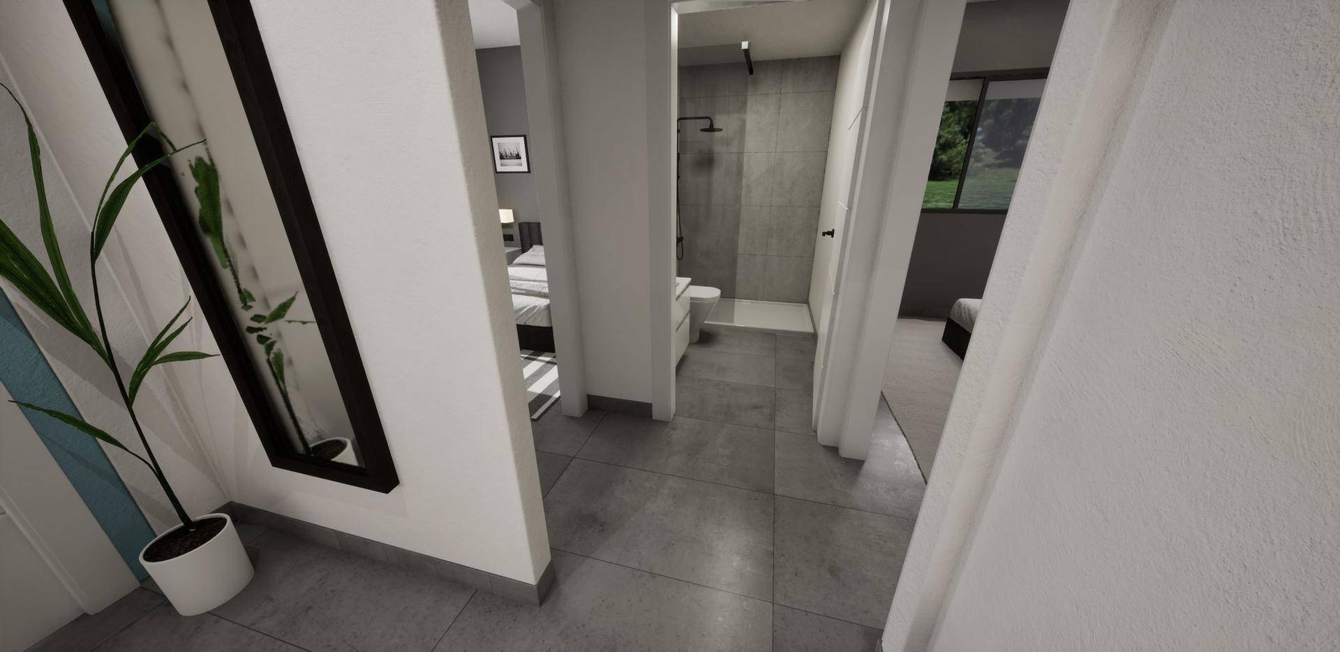 Heller Flur mit Blick auf das Badezimmer und ein weiteres Schlafzimmer.