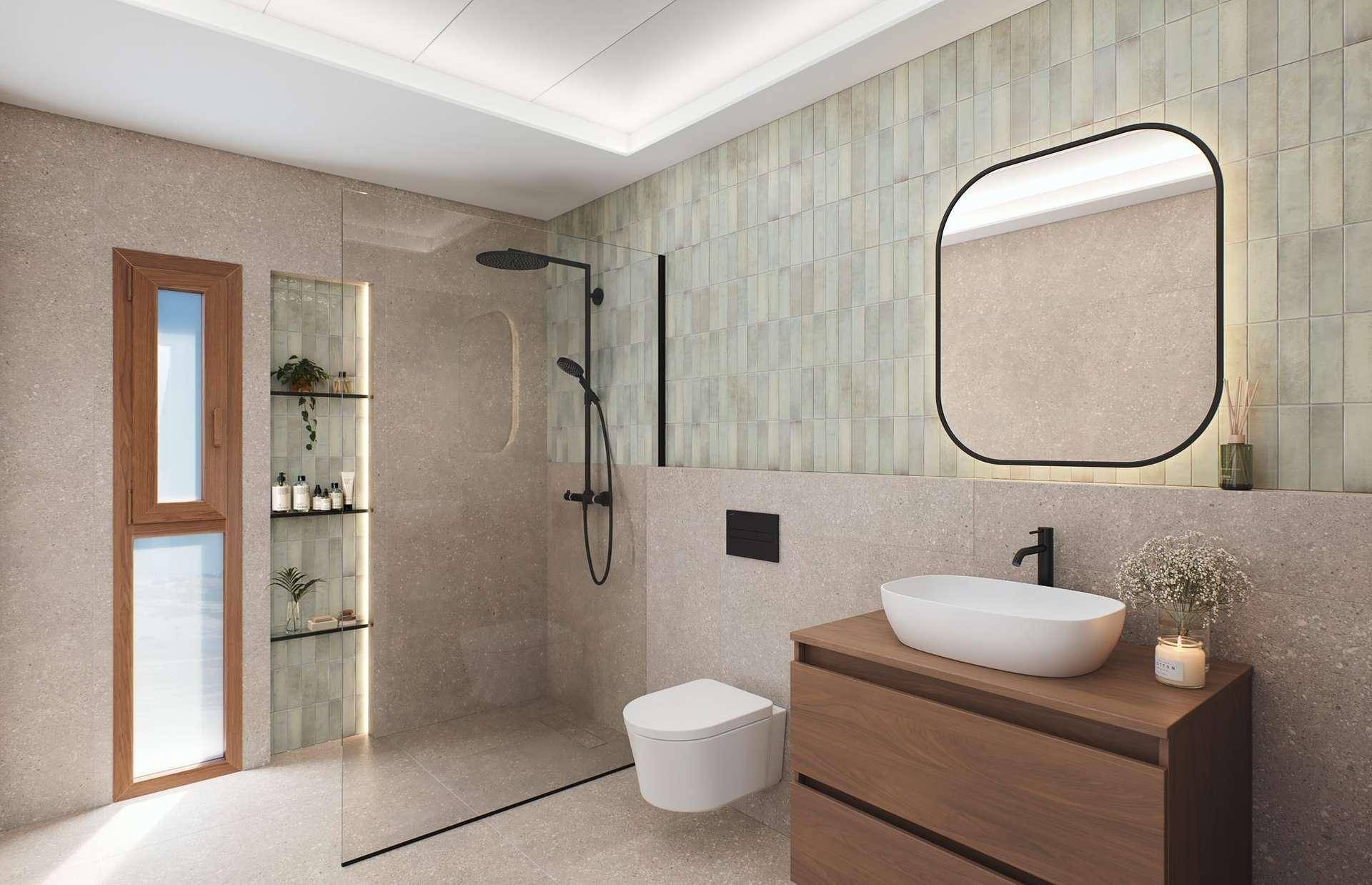 Modernes Badezimmer mit begehbarer Dusche, schwebendem Waschtisch und stilvollem Spiegel.