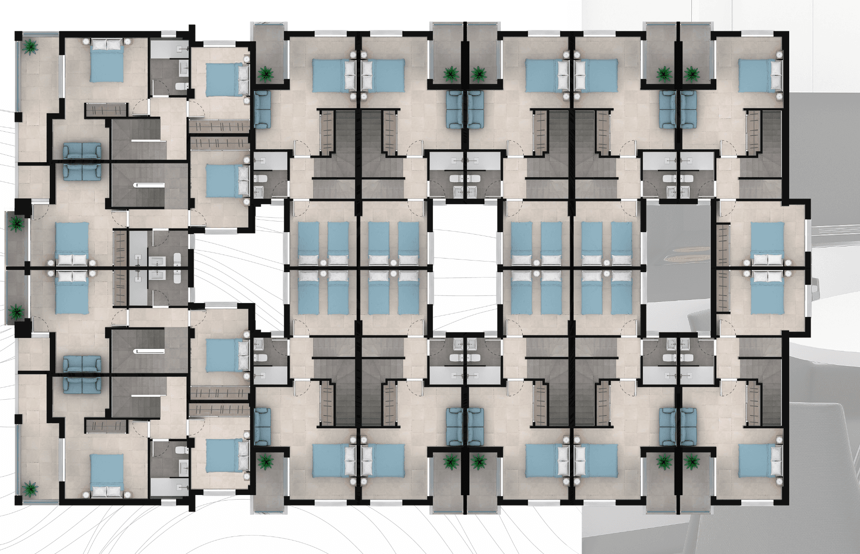 Detaillierter Grundrissplan einer Etage mit mehreren Wohneinheiten und Schlafzimmern.
