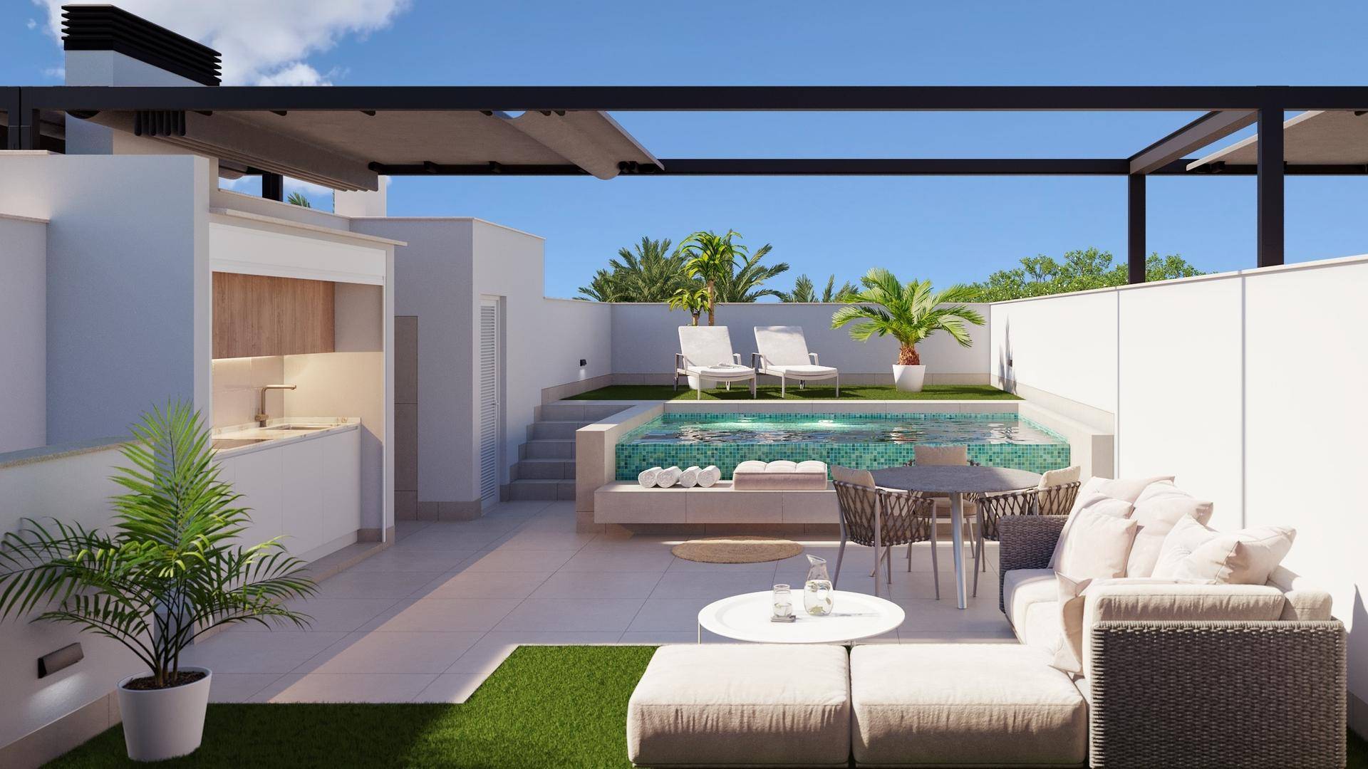 Geräumige Dachterrasse mit kleinem Pool, Außenküche und gemütlichem Lounge-Bereich.