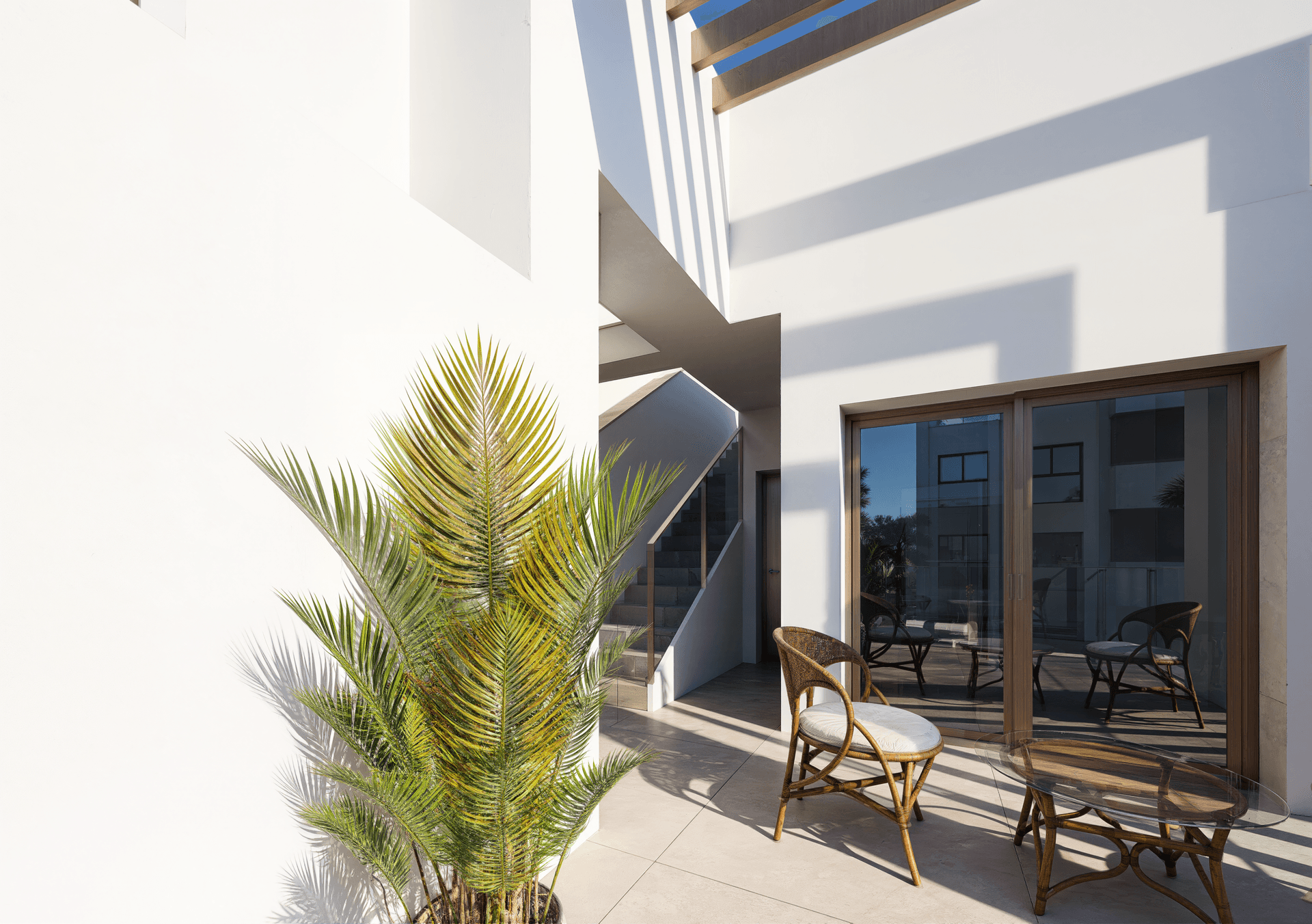 Sonniger Terrassenbereich mit Rattanmöbeln und einer großen Palme, ideal zum Entspannen.