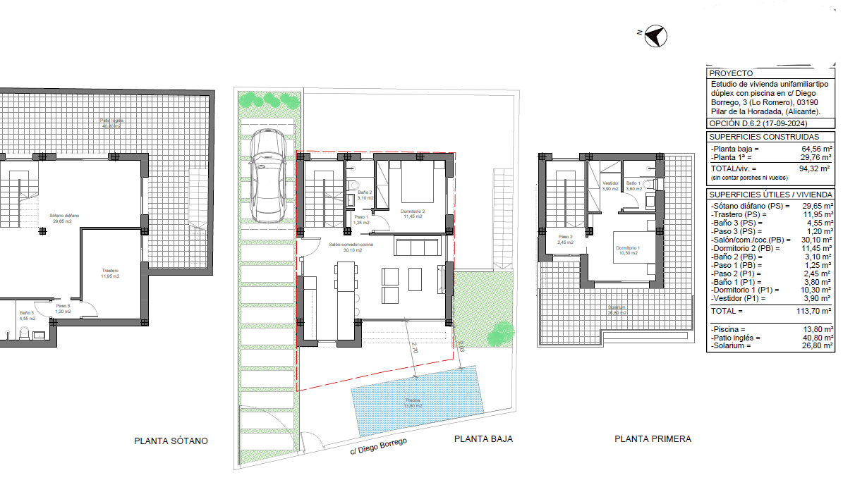 Detaillierter Grundriss der Villa mit Aufteilung von Keller, Erdgeschoss und Obergeschoss.