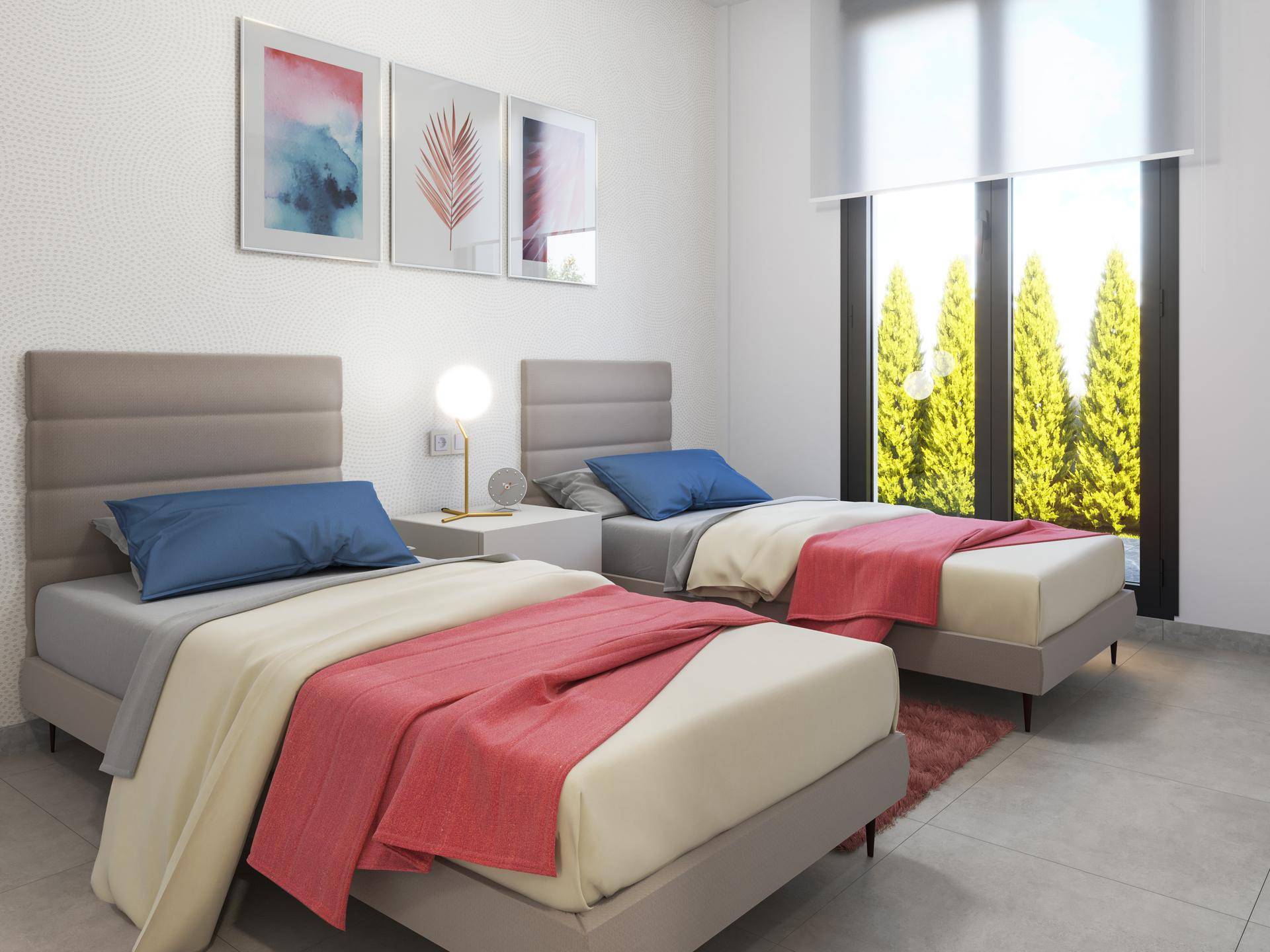 Helles Schlafzimmer mit zwei Einzelbetten, moderner Dekoration und Zugang nach draußen.