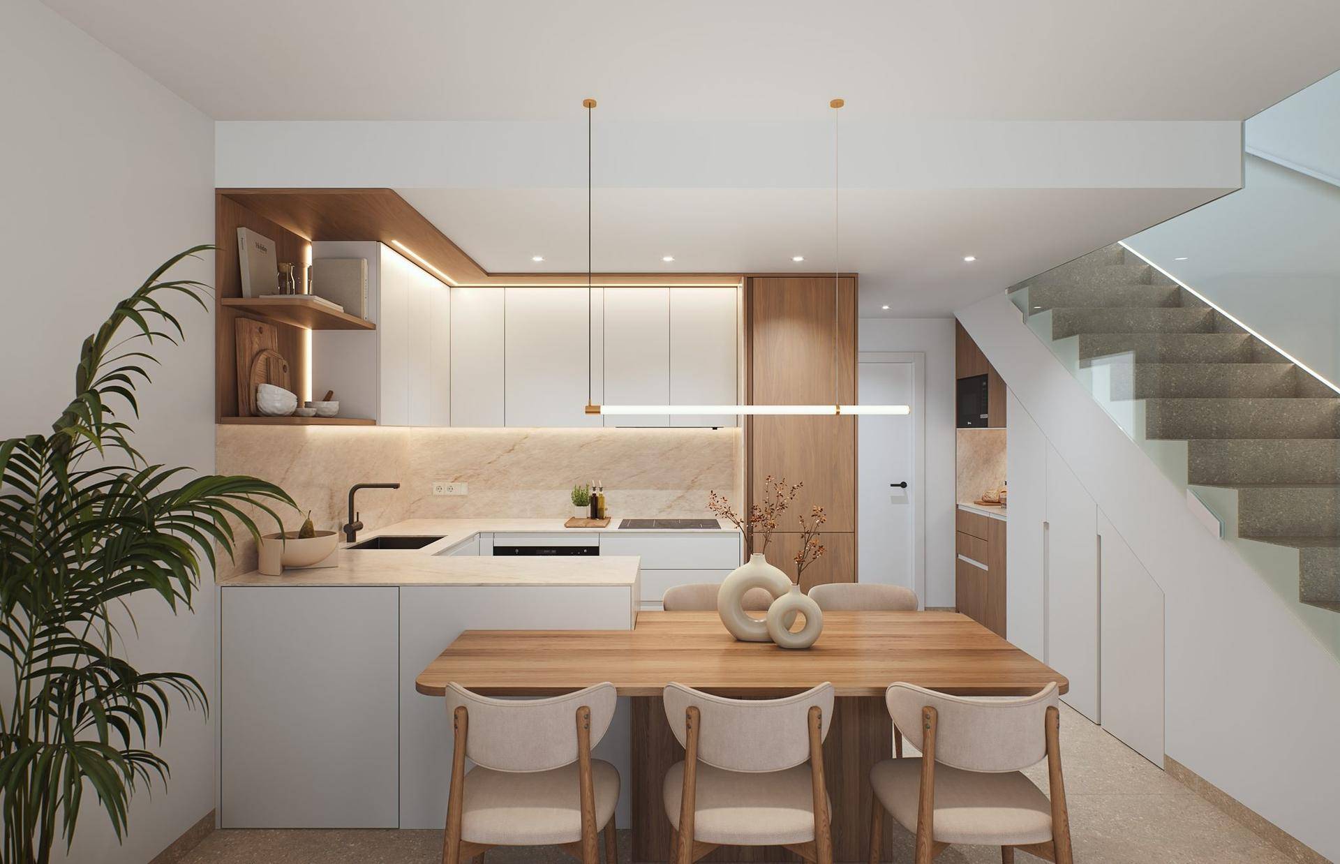 Moderne offene Küche mit Essbereich, Holz- und Weißtönen sowie integrierter Beleuchtung.