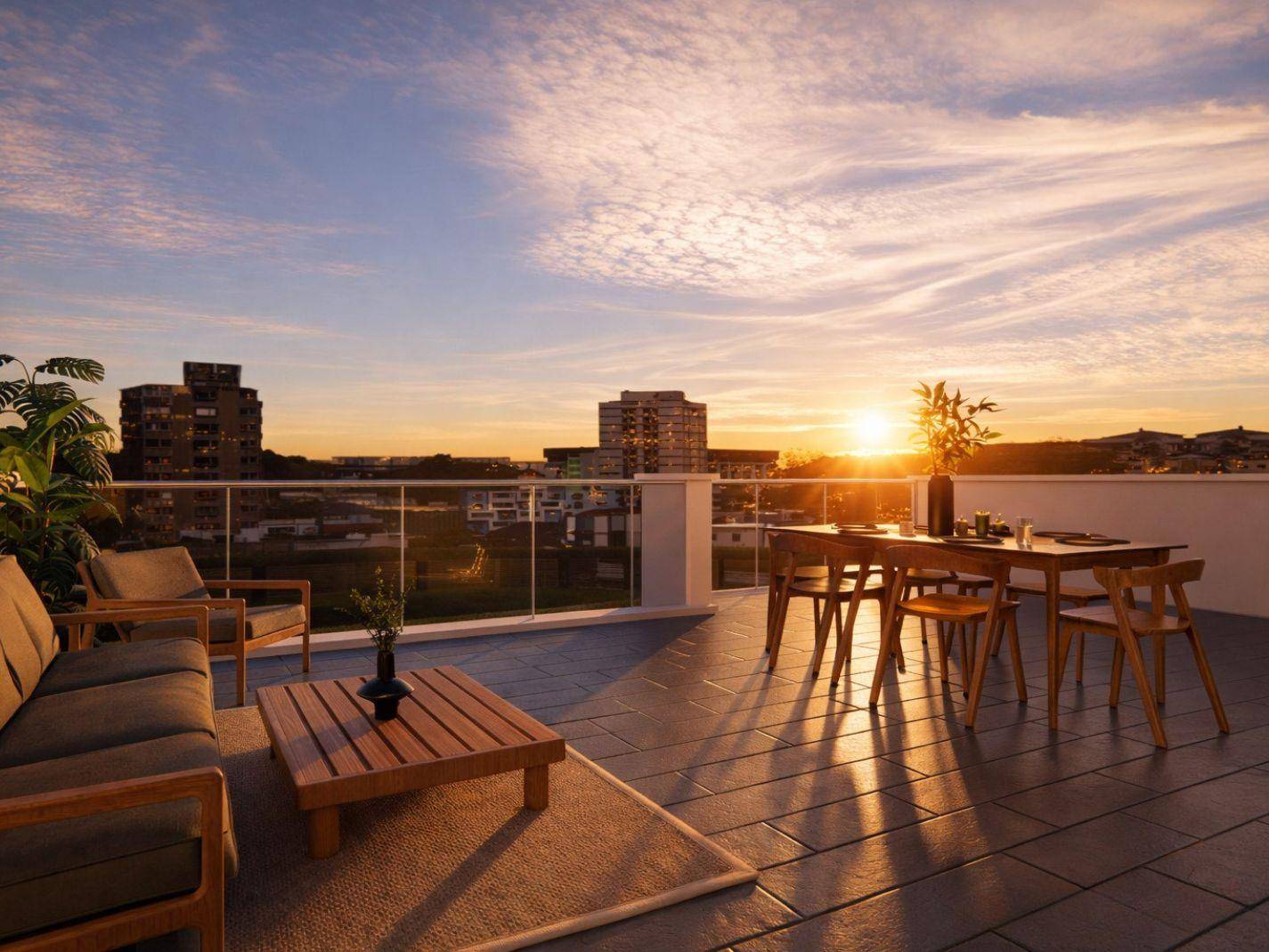 Geräumige Dachterrasse mit Essbereich und Lounge-Möbeln, ideal für Sonnenuntergänge.