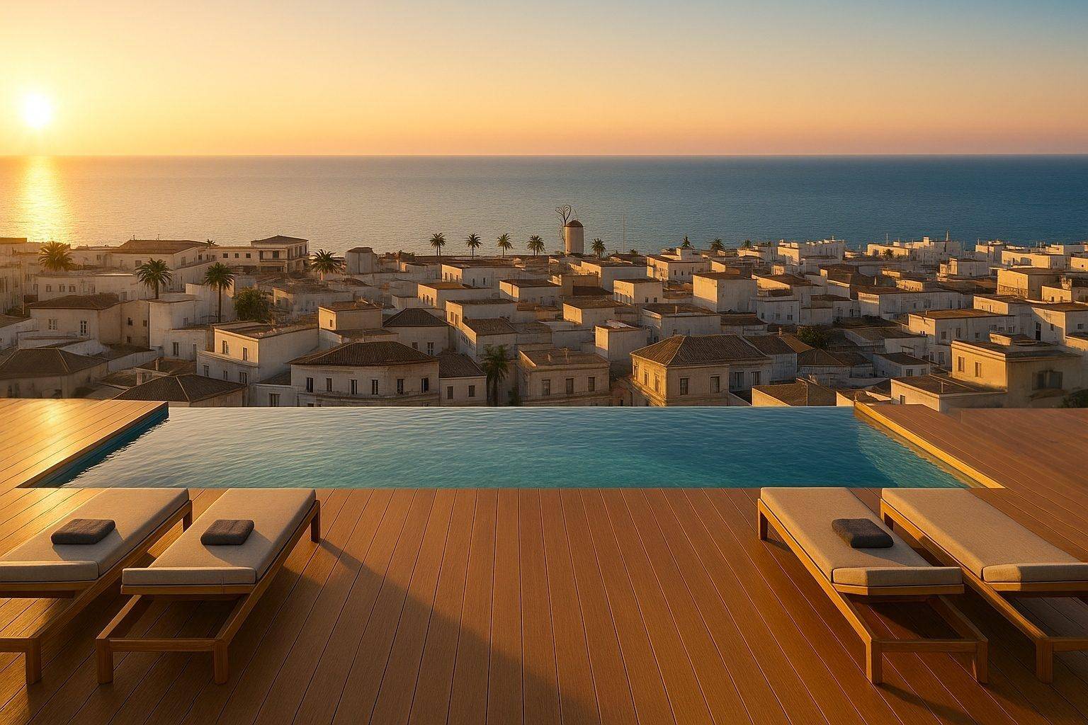Atemberaubender Infinity-Pool mit Holzdeck und Liegestühlen, der eine Küstenstadt überblickt.
