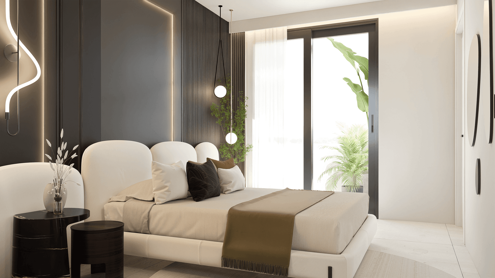 Stilvolles Schlafzimmer mit modernem Bett, eleganten Nachttischen und großen Fenstern für viel Tageslicht.