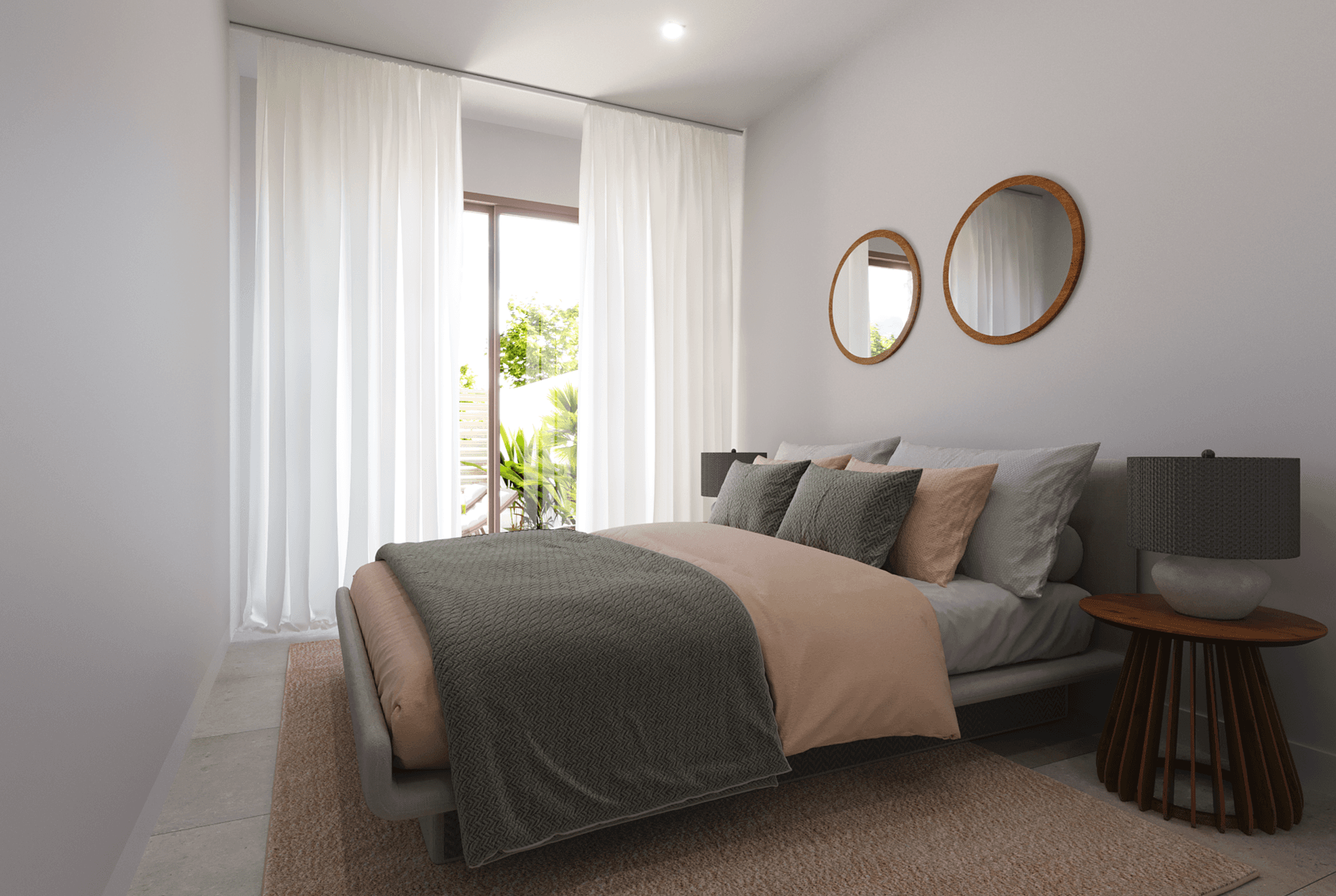 Modernes Schlafzimmer mit Doppelbett, großen Fenstern und Zugang zum Außenbereich.