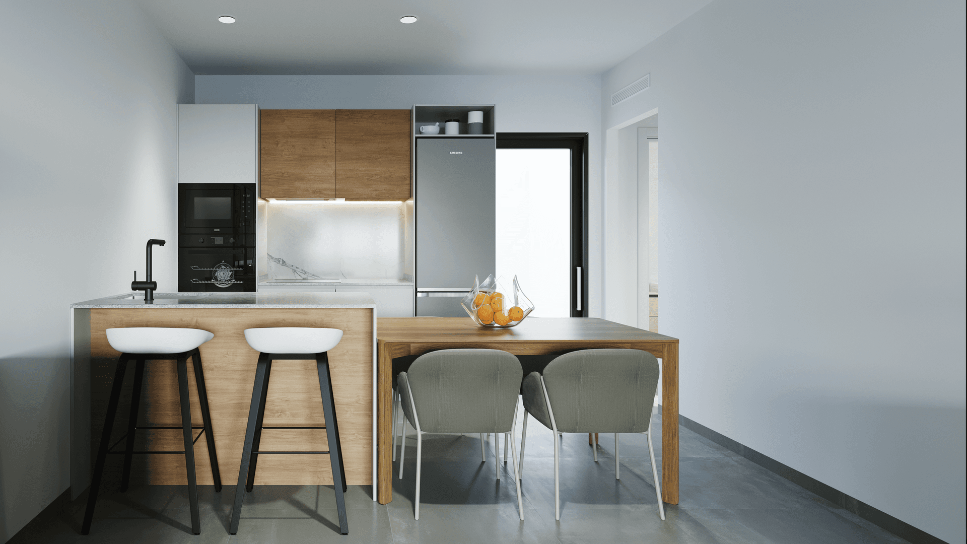 Moderne Küche mit integrierten Geräten, Kücheninsel und Essbereich, ideal für gesellige Mahlzeiten.