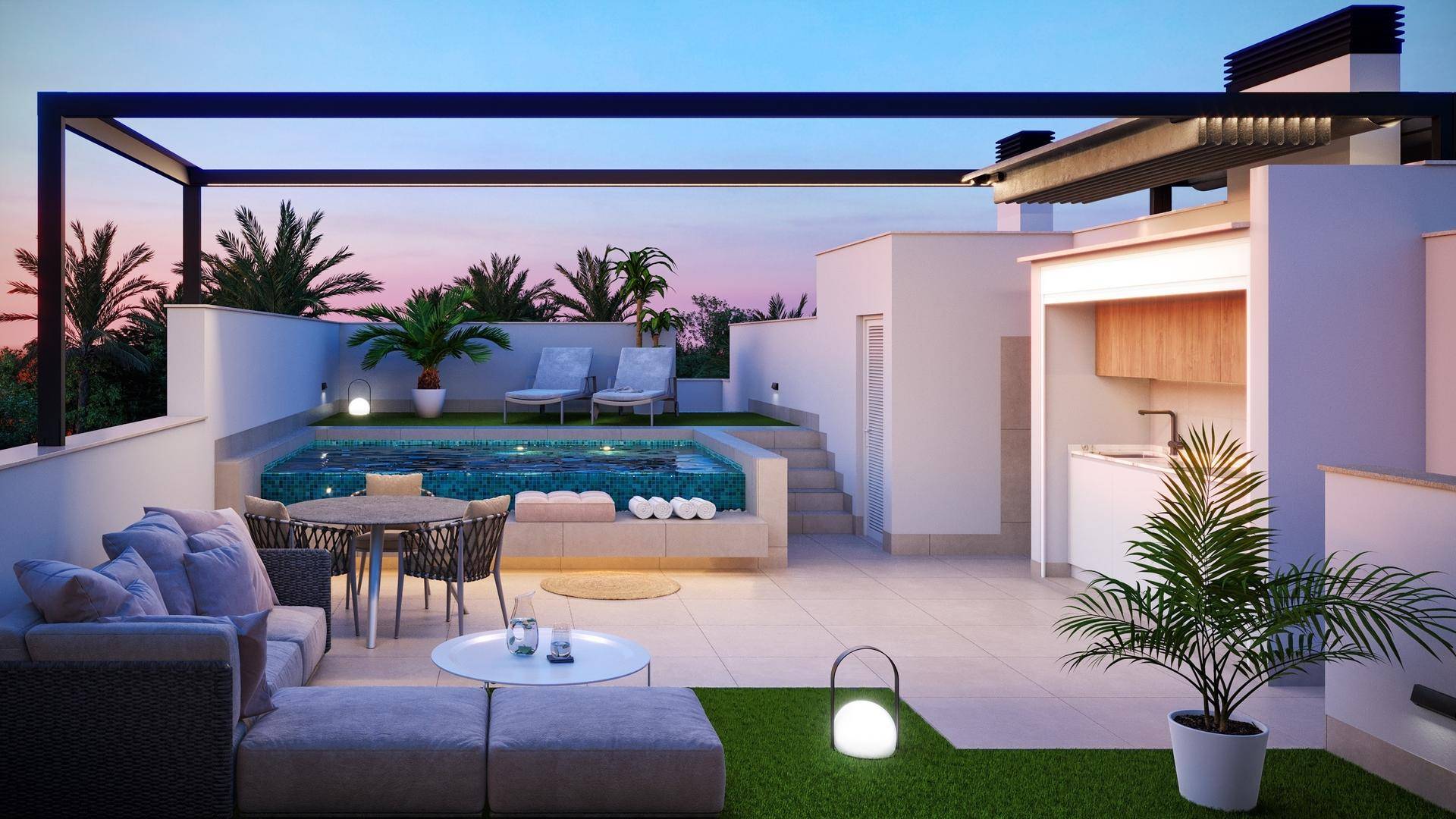 Abendliche Atmosphäre auf der Dachterrasse mit beleuchtetem Pool und stilvoller Einrichtung.