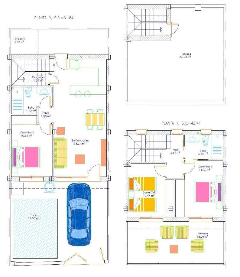 Detaillierter Grundriss des Hauses mit Erdgeschoss und Obergeschoss, inklusive Pool und Terrasse.