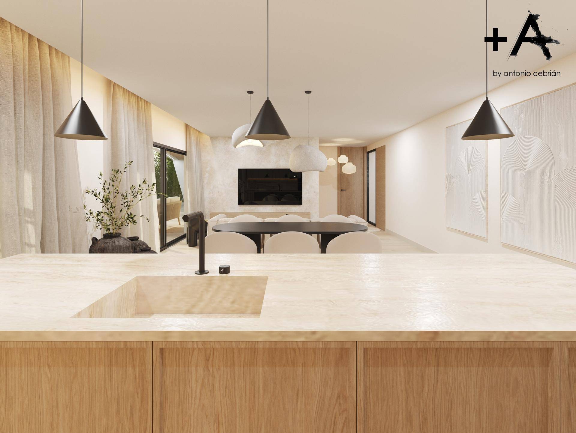 Moderne Küche mit Holzfronten und Spüle, offen zum hellen Wohn- und Essbereich.