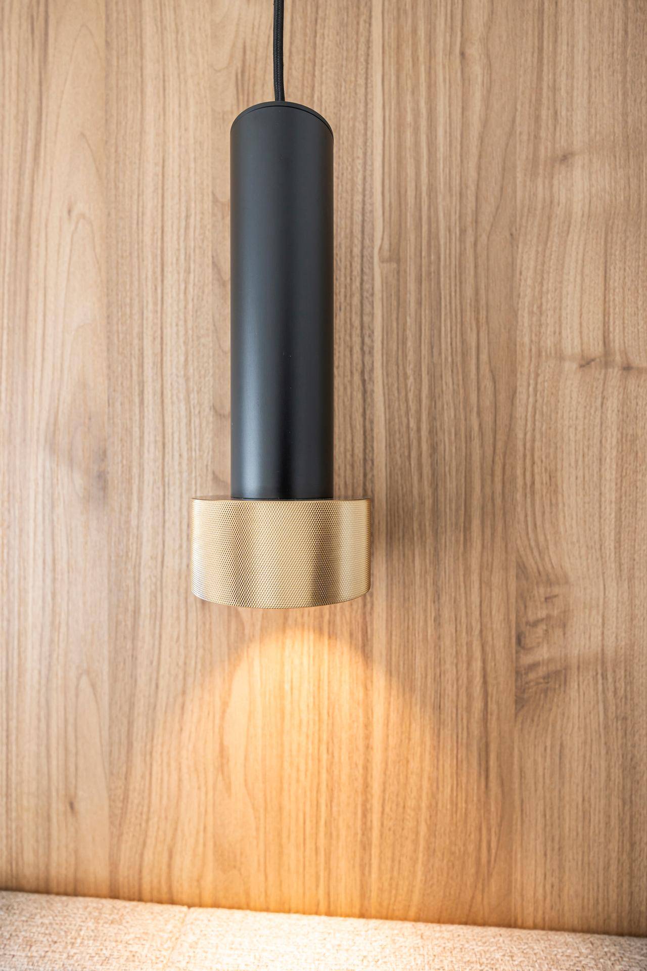 Detailaufnahme einer modernen Pendelleuchte vor einer Holzwand.