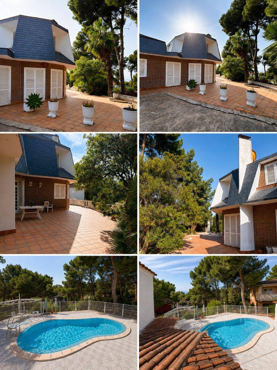 Collage verschiedener Außenansichten der Villa, einschließlich Terrasse, Poolbereich und Gartenlandschaft.